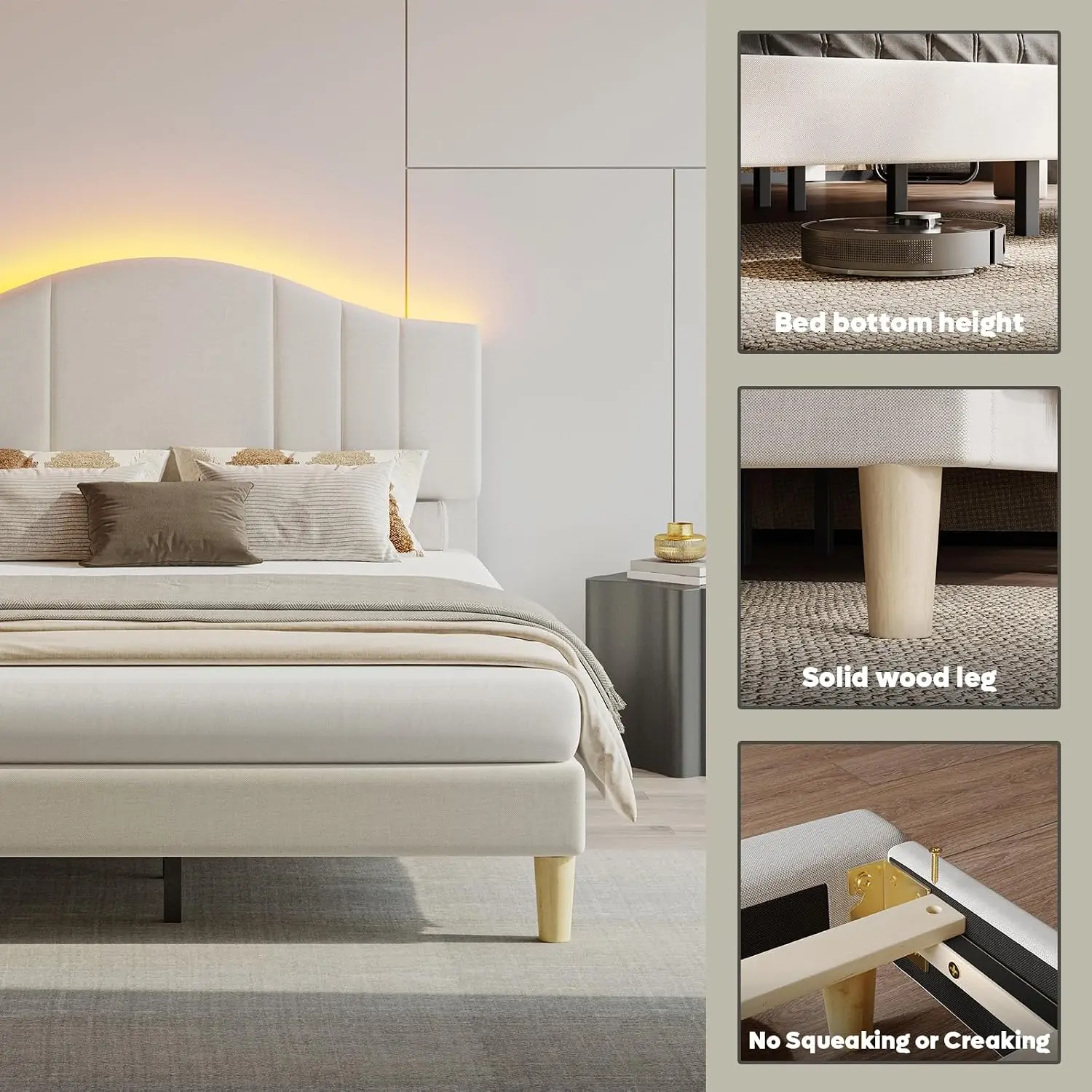 Upholstered Bed Frame Arc LED Headboard Beige Fabric, Customized