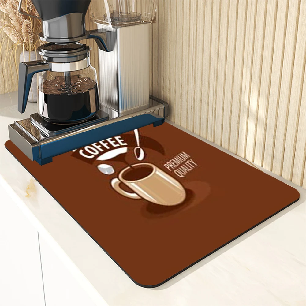 Cartoon Coffee Pattern Drain Pad Super Absorbent Dish Drying Mat Non-Slip Anti-mildew Counter Top Mat Sink Dish Draining Rug