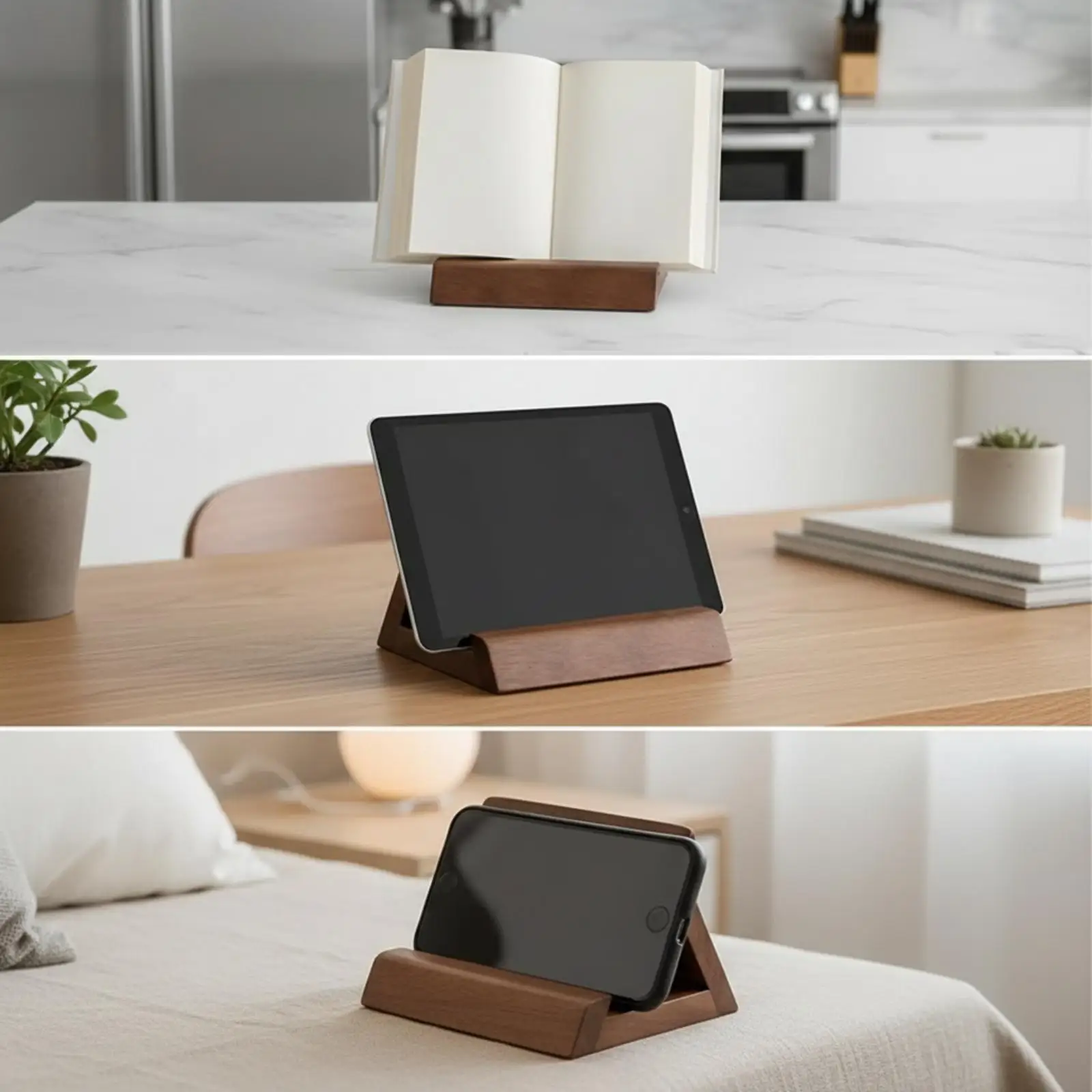 Walnut Wood Book Display Stand for Reading Cookbook Smartphone Tablet Angled Back Support Desktop Book Holder