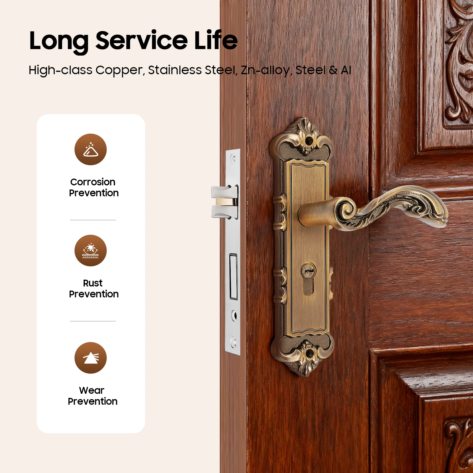 Bronze Retro Interior Door Handle Set, Antique Style Door Hardware Fits 35–45mm Thick Solid Wood Interior Doors