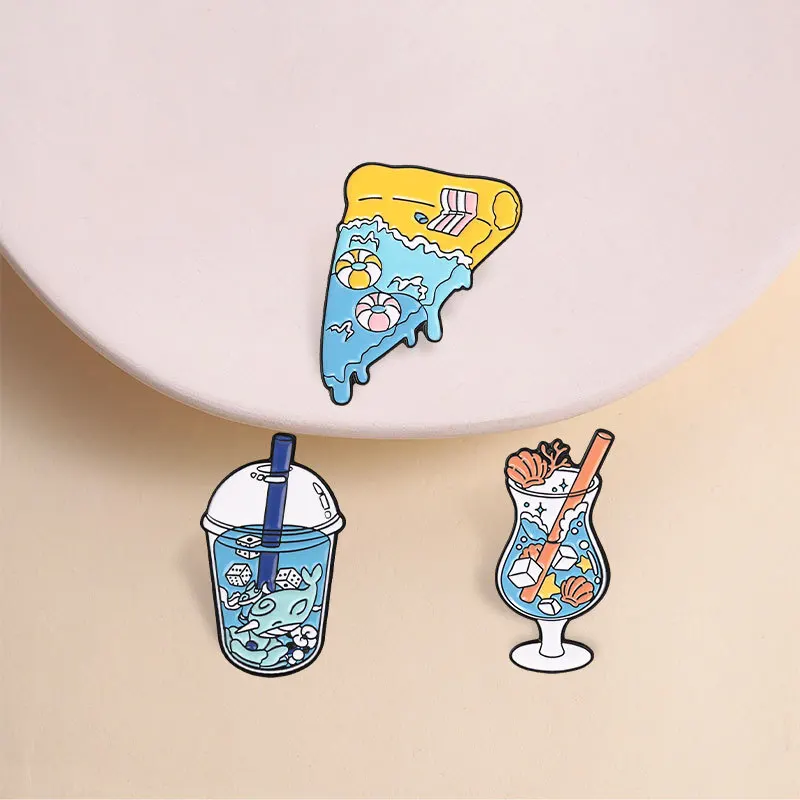 Summer Cool Brooch Beach Wave Pizza Cocktail Milk Tea Design Metal Badge Leisure Party Pin DIY Clothing Bags Hat Jeans Accessory
