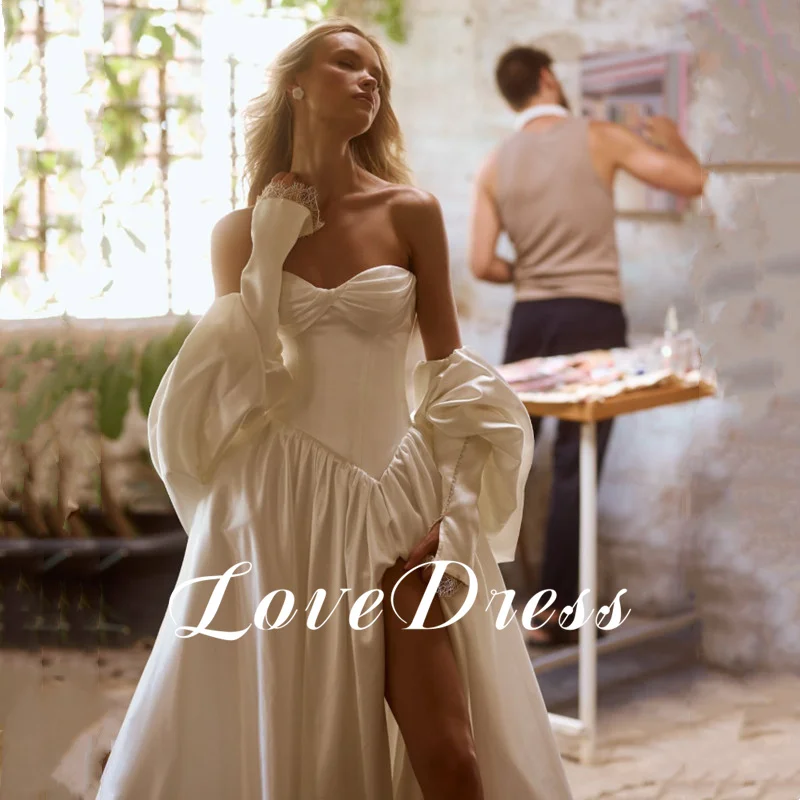 Eenvoudige vlek a-lijn mouwloze trouwjurk sexy lieverd hals sexy zijsplit backless vloerlengte jurken vestido aangepast