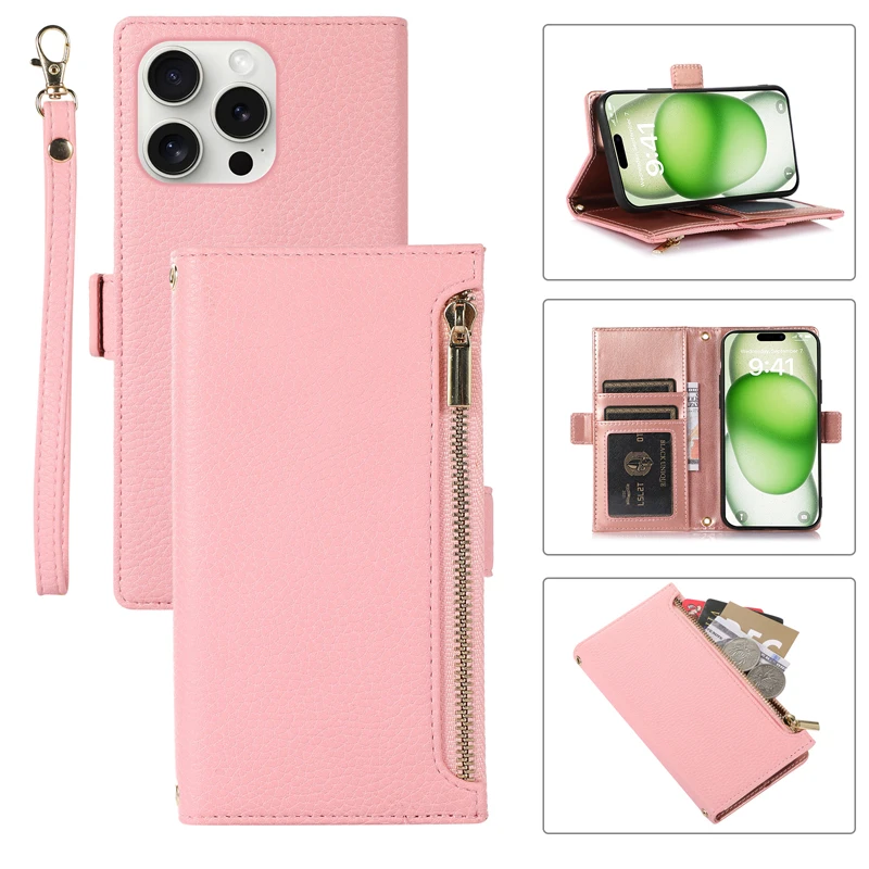 

For iPhone 16 15 14 13 Pro Max ,16 Plus Case Lichee Pattern Leather Wrist Strap Zipper Wallet Card Slot Stand Cover for iP16 Pro