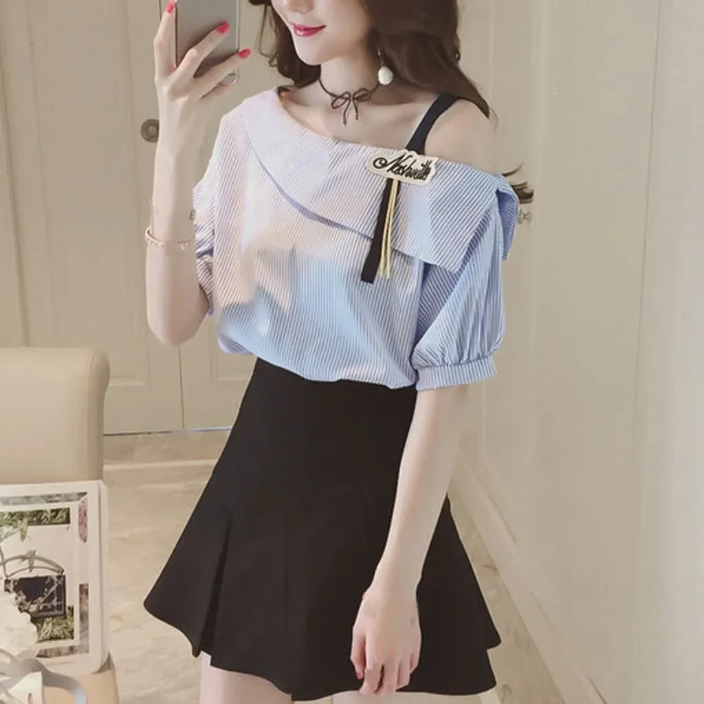 Women Top Fashion Stripe Cold Shoulder Tops Shirt Single Shoulder Short Sleeve Loose Blouse