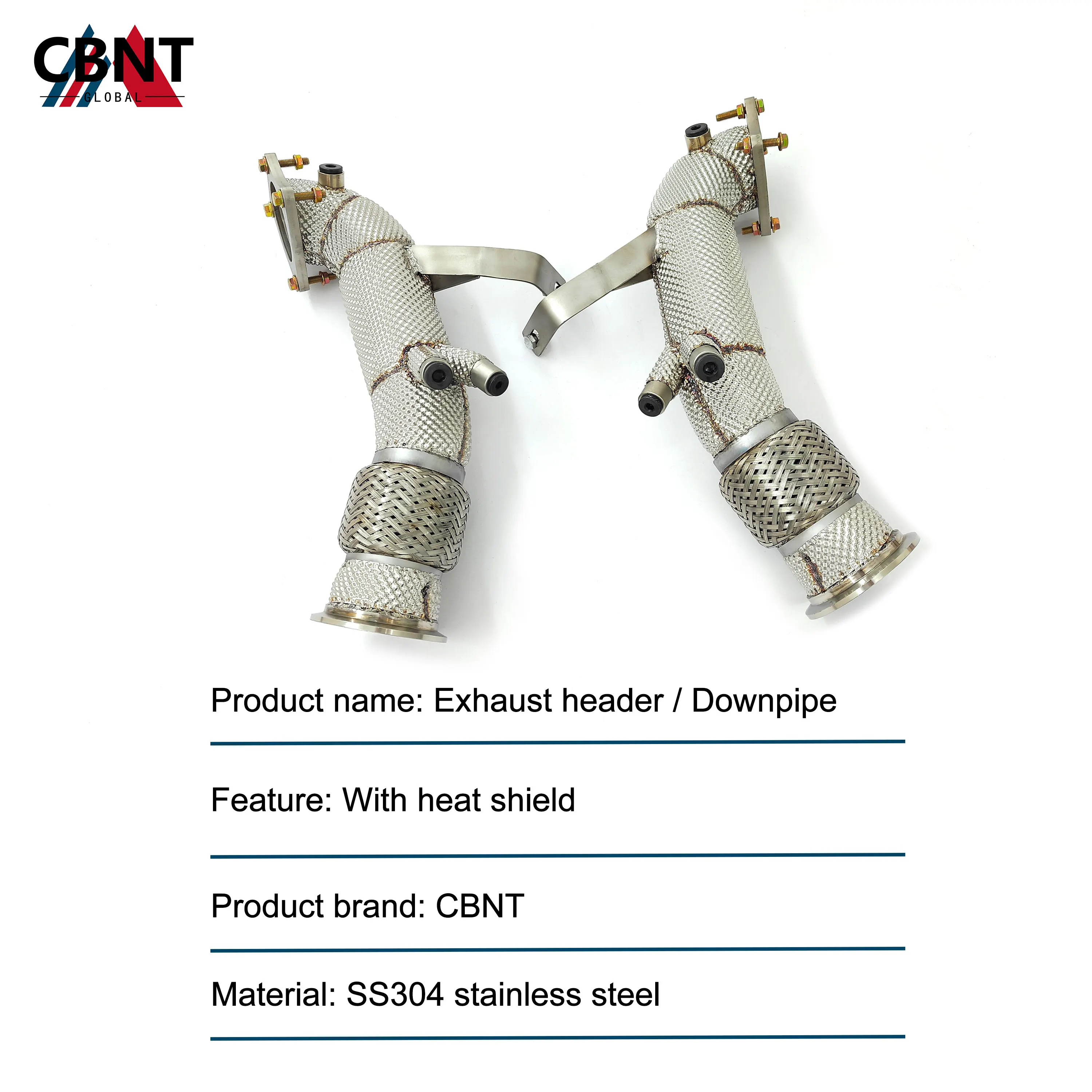 الأنابيب الأمامية CBNT لأودي R8 V10 5.2L جودة عالية SS304 تدفق حر الأنابيب الثانوية ماسورة العادم النازل مع درع الحرارة