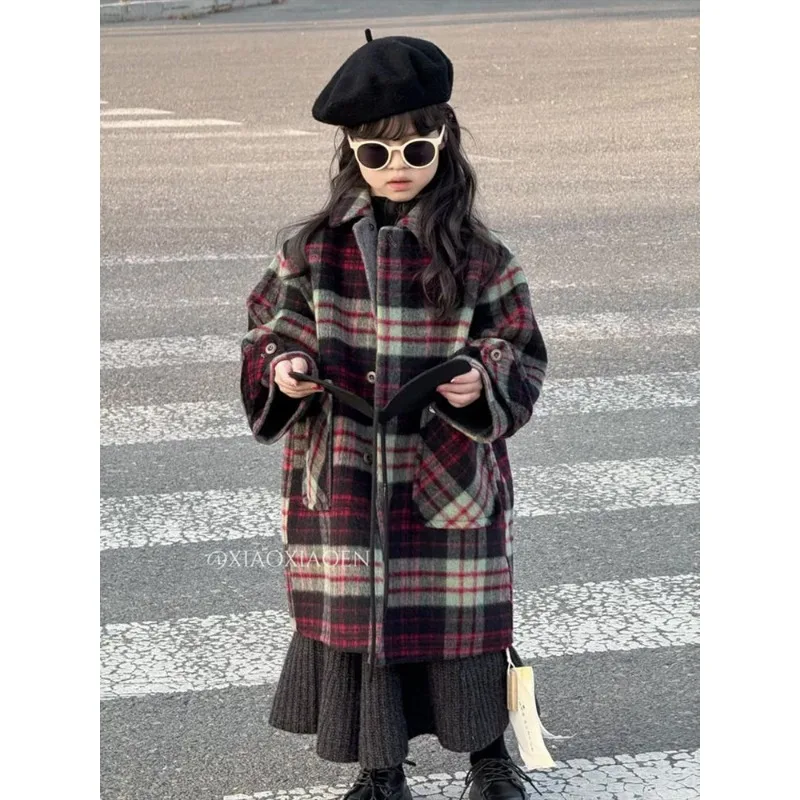 Korean Children's Clothing Girls' Woolen Coat 2025 New Autumn and Winter Baby Fashionable and High-end Long Plaid Coat Trend