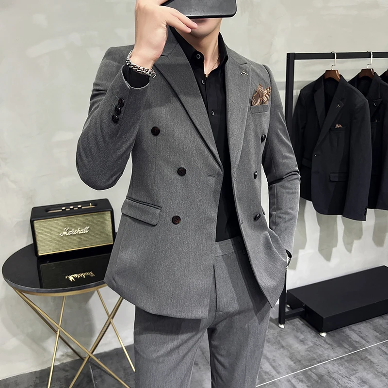 High-end double-breasted suit (suit + trousers) S-7XL Korean slim fashion handsome business solid color suit two-piece set