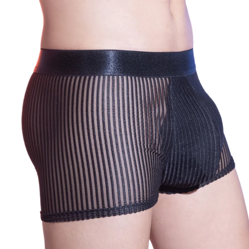 Men's Boxer Panties Mesh Striped Silky Thin Underwear Transparent High Elastic Hip Lifting Underpants U Convex Pouch Underpants
