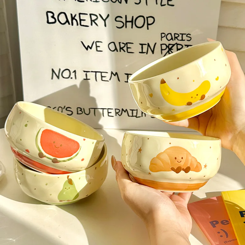 4 Set Cute Fruit Ceramic Bowl Creative Kawaii Hand-painted Ceramic Anti-scald Soup Bowl Home Kitchen Noodle Ramen Tableware Bowl