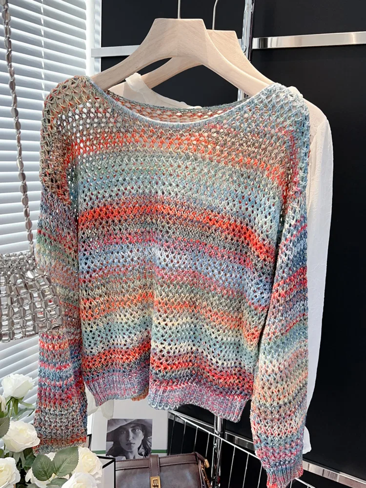 

Fashion Vintage Striped Sweaters Women Casual Knitted Crochet Jumpers Fall Spring Chic Long Flared Sleeves Knitwear Pullover Top