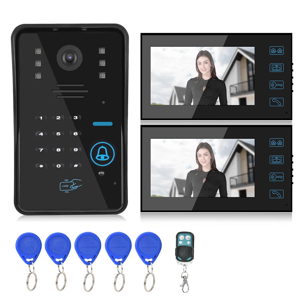 7in Wired Video Doorbell Password Card Remote Control System Doorphone 2 Monitors Night Vision Intercom for Home Door Security
