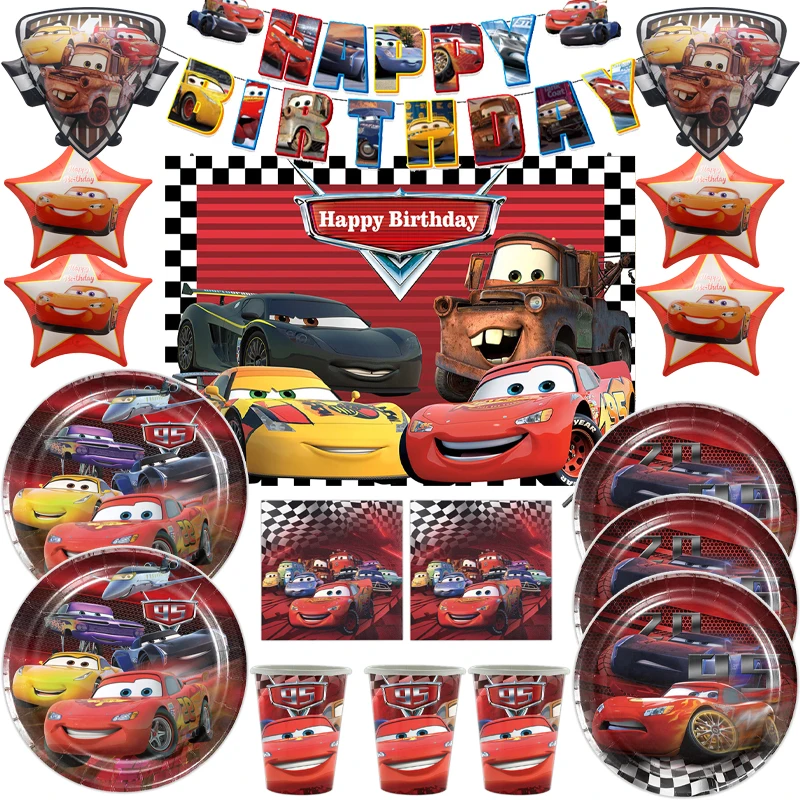 Cars Birthday Party Decorations Kids Favor Lightning McQueen Tablewares Balloon Plates Cups Napkin Racing Car Party Supplies