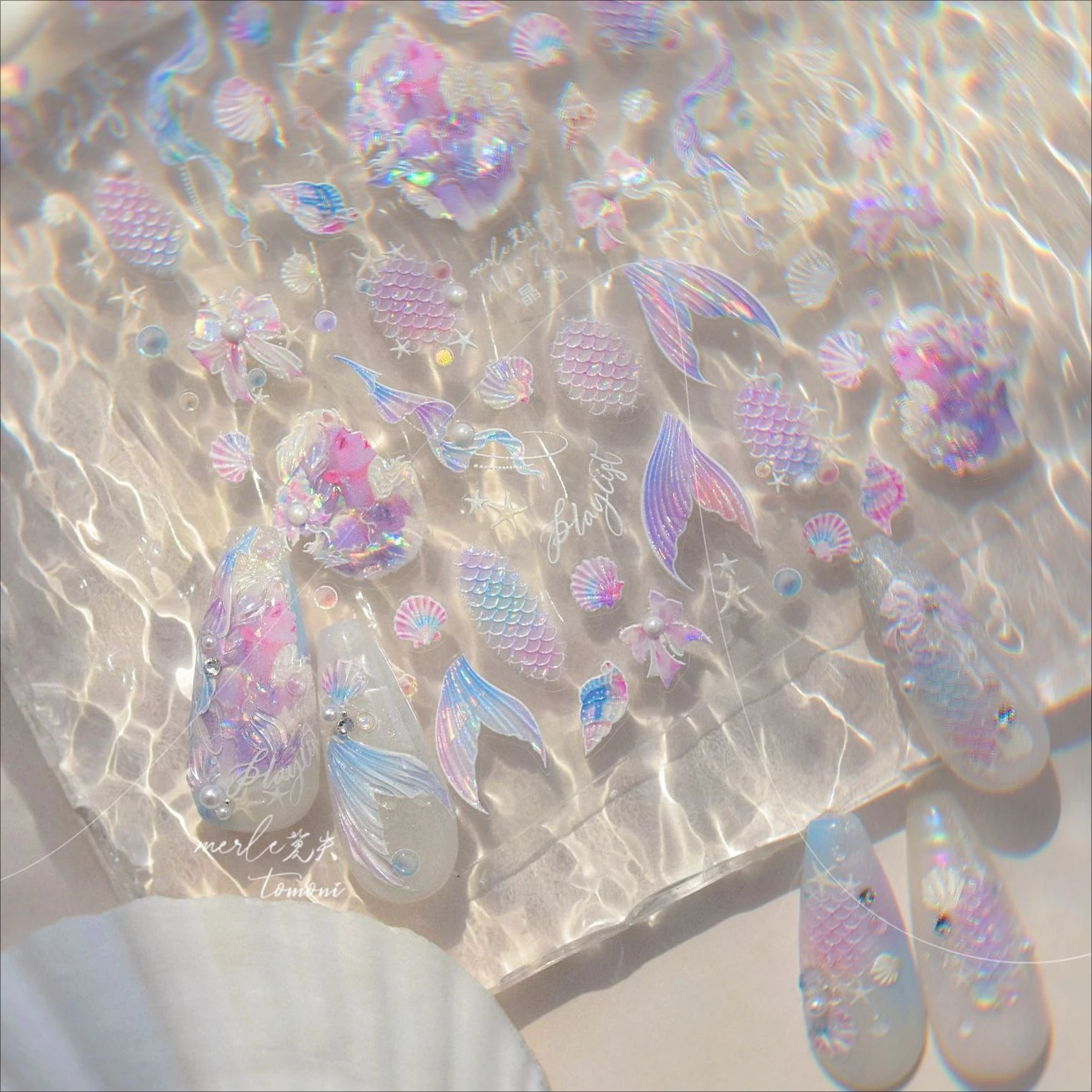 Mermaid Girl Conch Starfish Shell Bowknot Fish Scale Purple Ribbon Water Bubbles Chic Adhesive Nail Art Sticker Manicure Decals