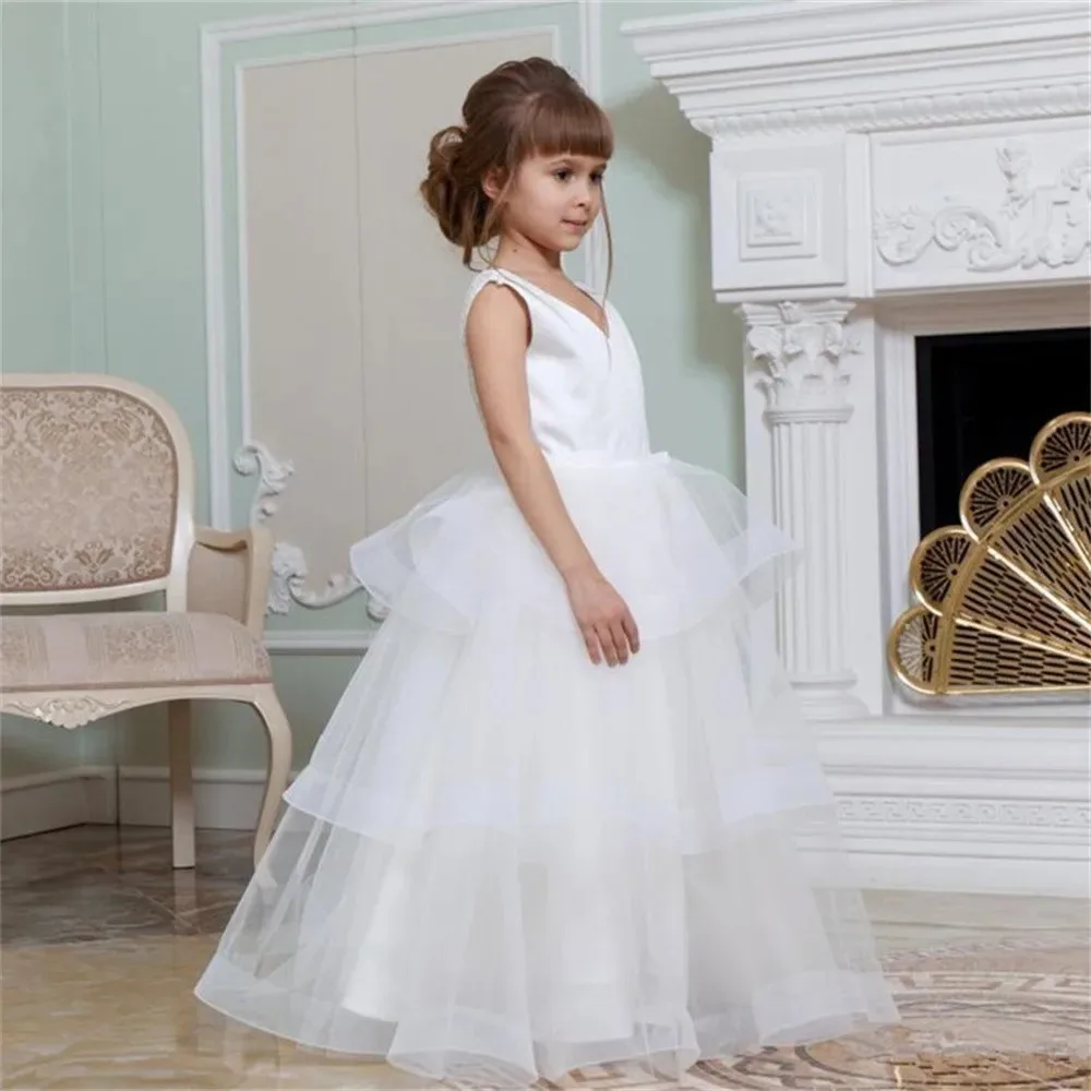 

Sleeveless V-neck Fluffy Tulle Flower Girls Dresses First Communion Weddings Princess Birthday Party Ball Dresses