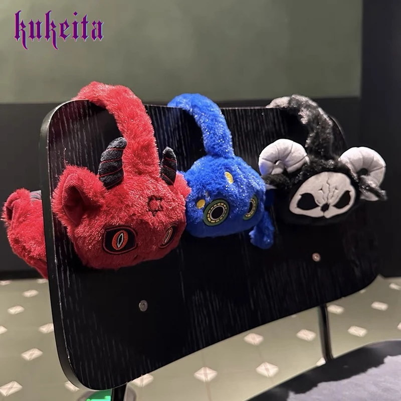 Kukeita Gothic Demon Plush 3Pcs Sets Women Winter Scarf+Earmuffs+Gloves Y2K Punk Kawaii Horn Monster Halloween Party Warm Suit