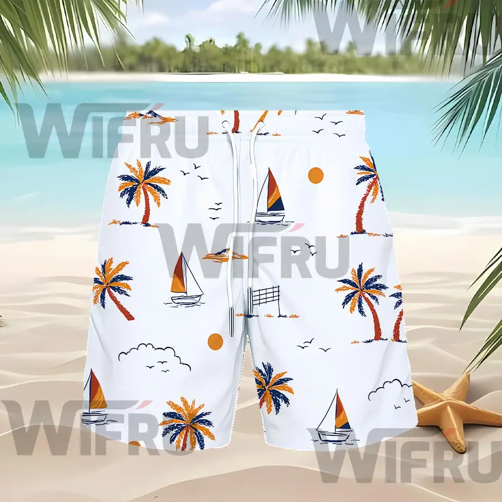 WIFRU Men's Breathable Holiday Hawaiian Beach Shorts Classic Palm Tree Pattern Casual Shorts Summer Loose Drawstring Swim Trunks