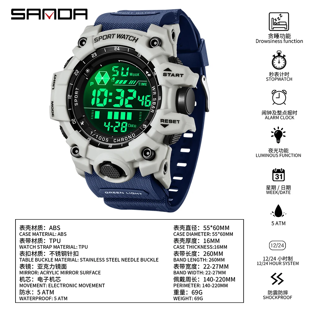 SANDA New Electronic Watches Men Outdoor Sports Waterproof Watch Fashion Simple LED Night Light Multifunctional Watches For Boy