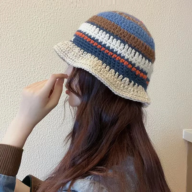 Winter Korean Handmade Crochet Striped Bucket Hat Women Retro Contrast Color Warm Fisherman Hat Girl Fashion Knitted Beanies Hat