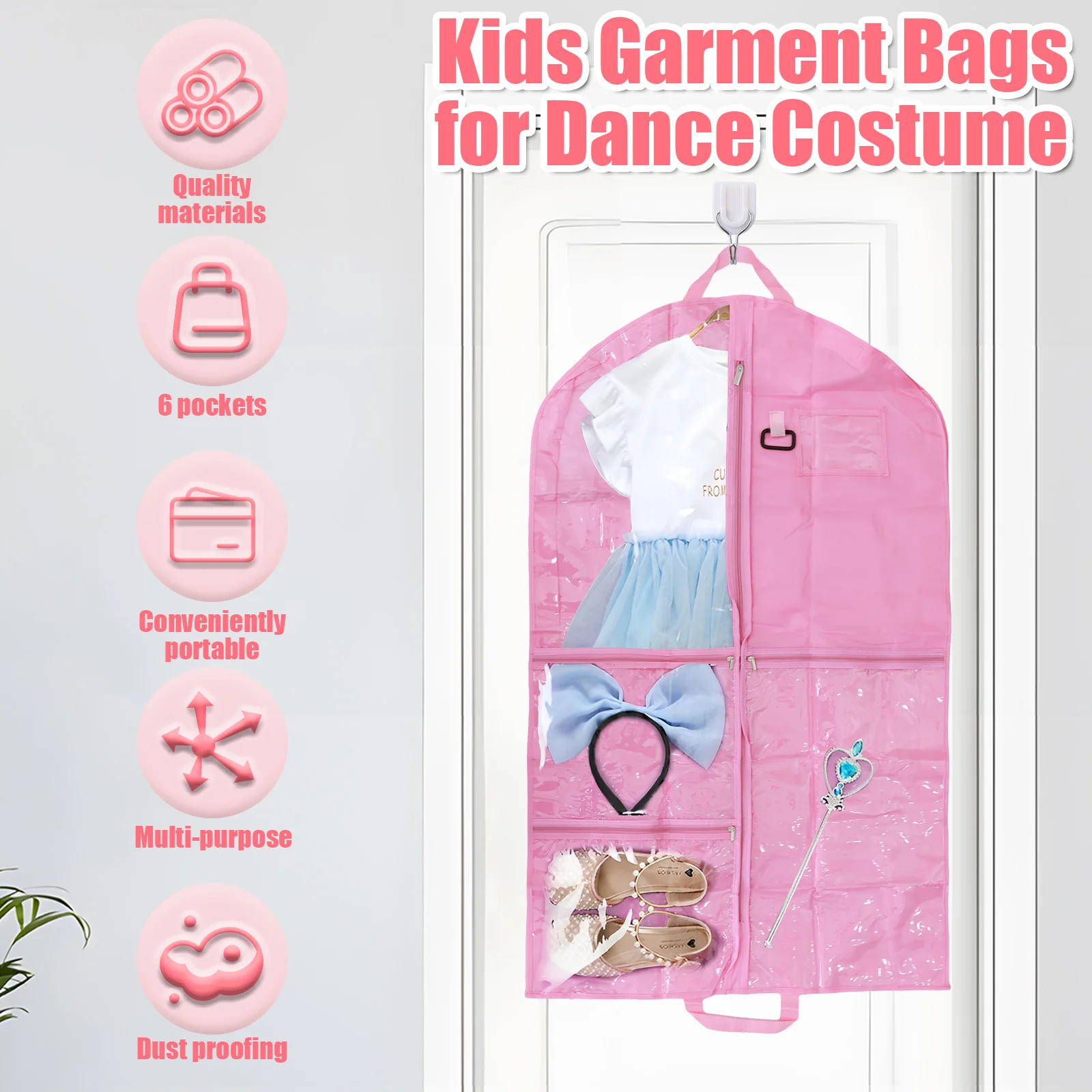 2Pcs Kids Dance Costume Dust Cover Bag with 6 Pockets Holds 3-5 Outfits Garment Bag Portable Hanging Clothes Storage with Handle