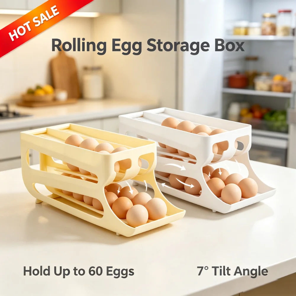 Multi Tier Rolling Egg Holder Gentle Gravity Feed Plastic Organizer with Safe Track for Fridge Kitchen Counter Storage