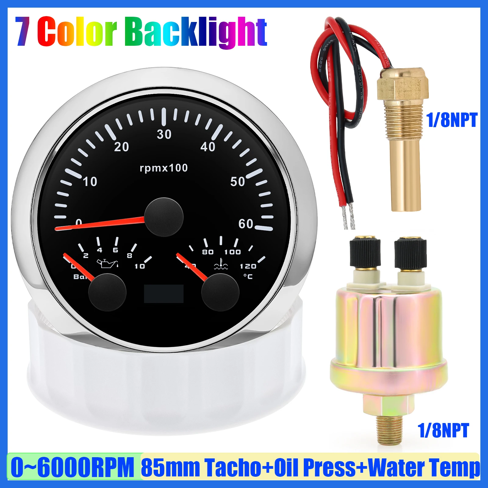 

3 IN 1 7 Color Light 85mm Tachometer+Oil Pressure+Water Temp Gauge with Sensor 1/8NPT for Car Boat 4000RPM,6000RPM,7000RPM,8000R
