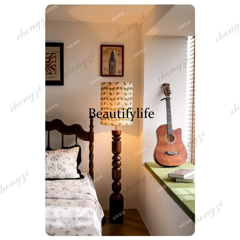 French medieval living room floor lamp, bedroom retro wabi-sabi wind solid wood bedside, vertical lamp next to sofa