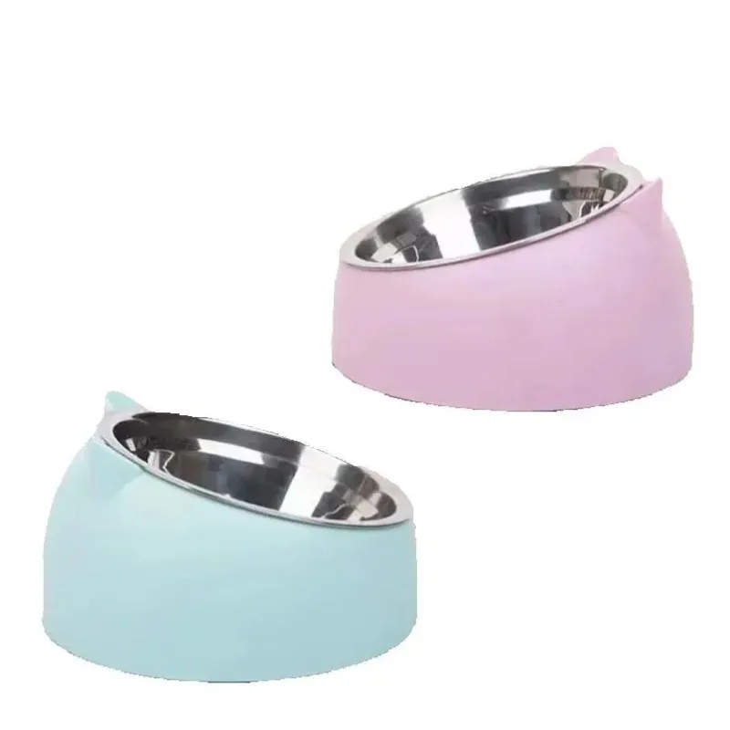 Cat Dog Bowl 15 Degrees Raised Non Slip Puppy Base Cat Food DrinkingStainless Steel  Water Feeder Tilt Safeguard Neck Pet