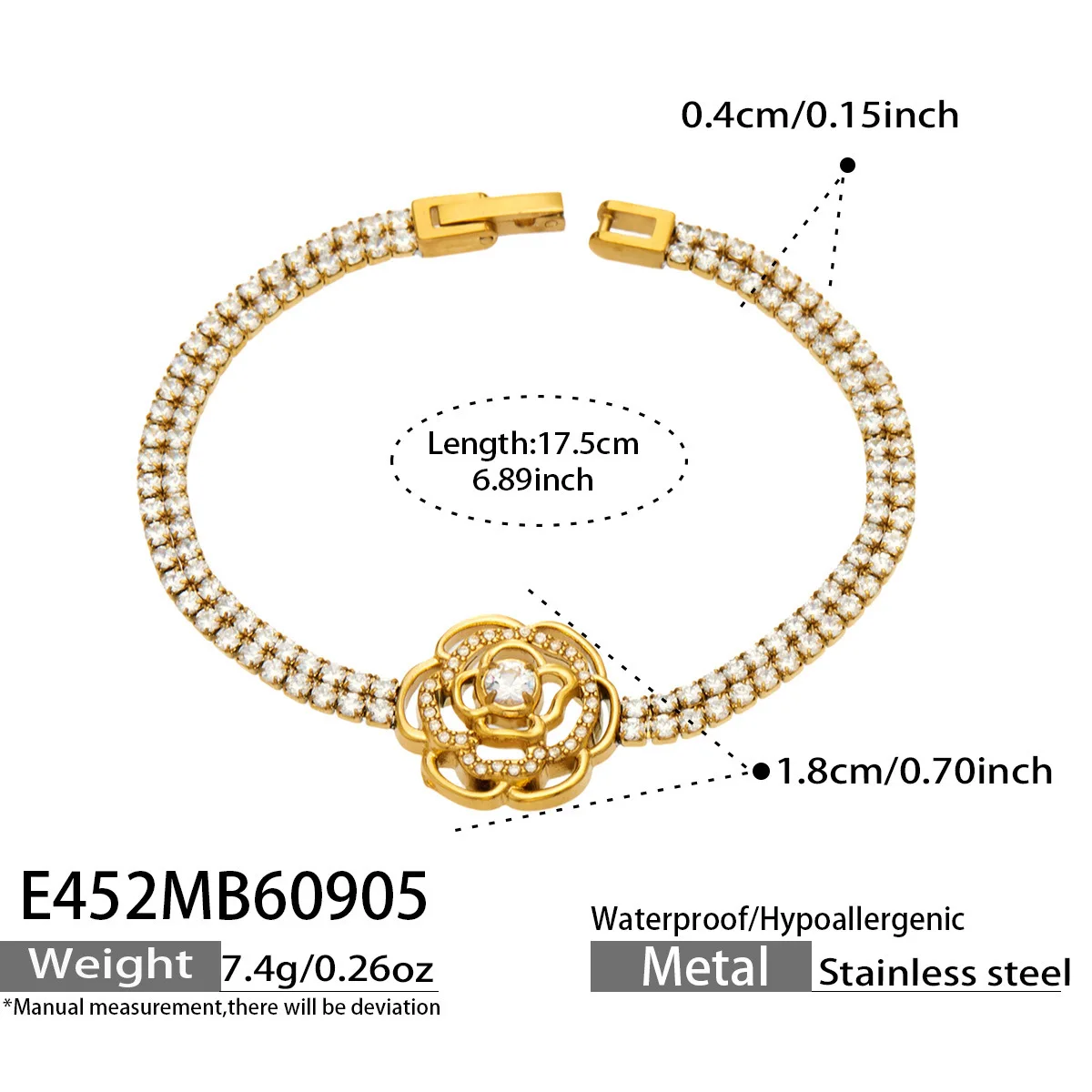 Schweinenasen-Blumen-Charm-Armband Tennis-Armband Edelstahl-Kettenarmband 18k Vergoldetes Armband mit Farbigen Zirkonen für Damen – Detail 8