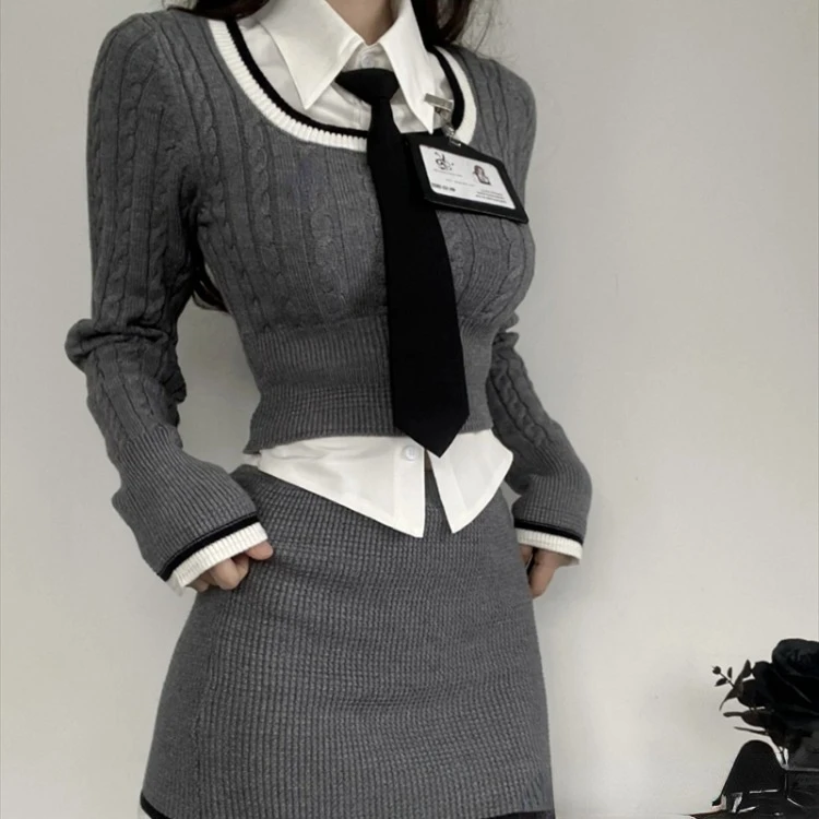 Fashion Knitted Suit Woman Y2k Crop Tops Sweater + Casual Shirt  Slim Bodycon Mini Skirt Korean 3 Piece Set  2024 Autumn