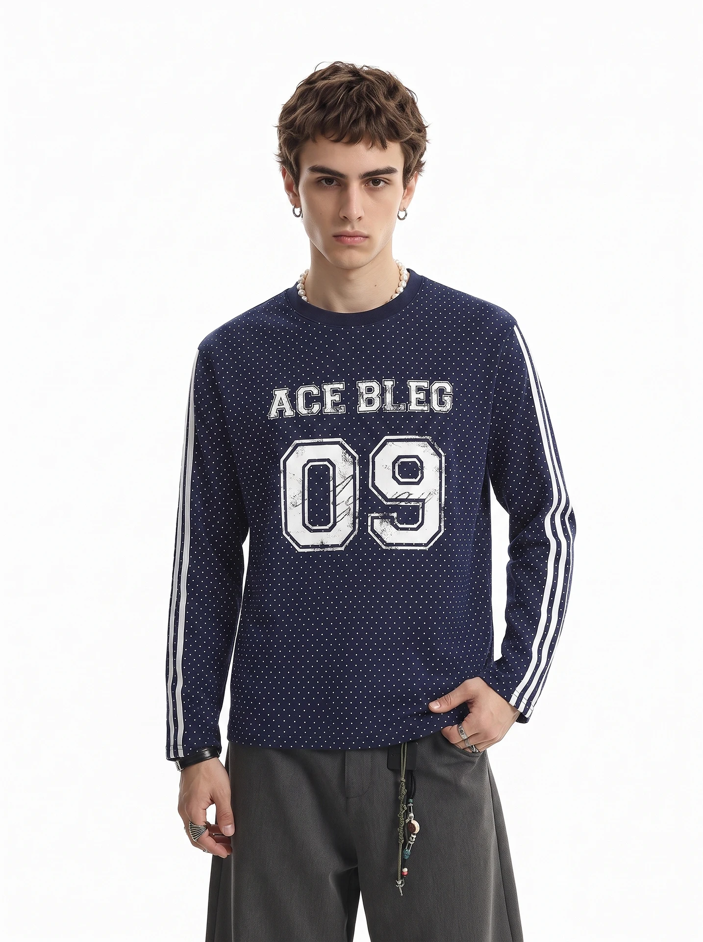 BETEBULE American High Street Vintage Print Stripe Polka Dot Long Sleeve Men's T-shirt Autumn Trend Loose Sportswear Top