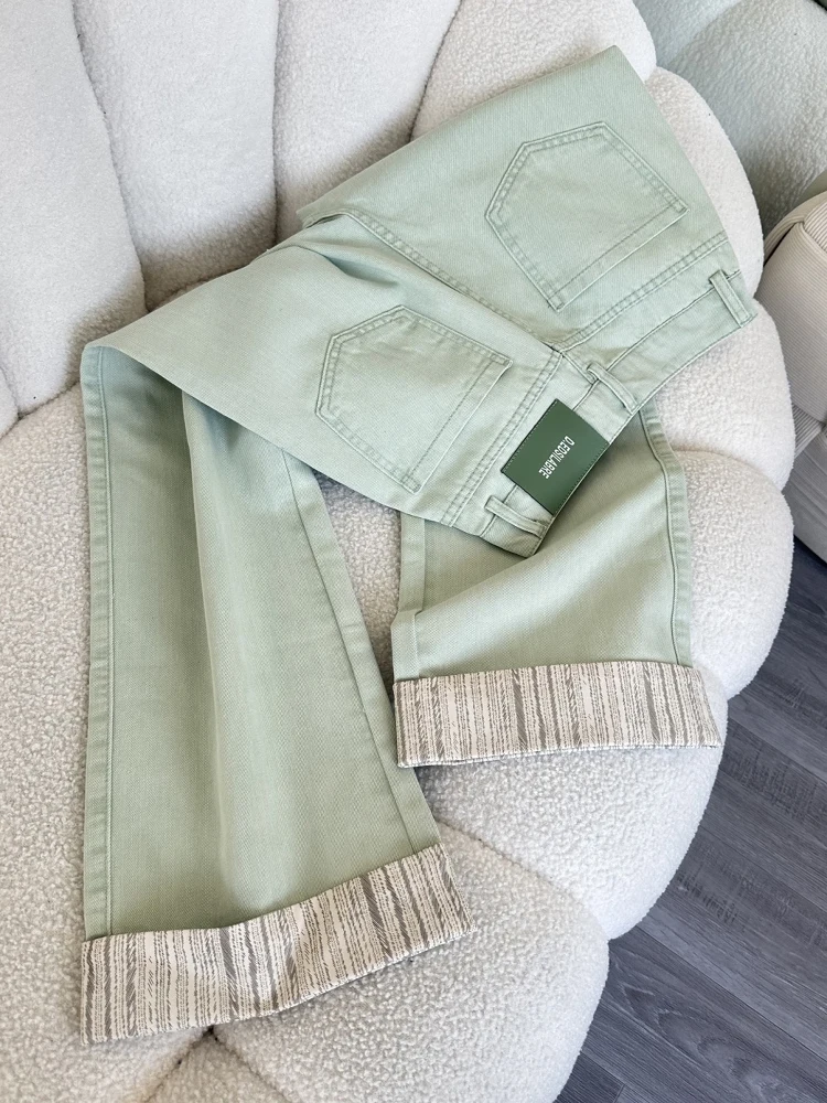 

Light Green Curled Edge Jeans Women Loose Wide Leg Spring/Summer New High Waist Straight Trousers Versatile Ankle-length Pants