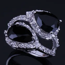 Fabulous Pear Black Cubic Zirconia White CZ Silver Plated Ring Size 6 / 7 / 8 / 9 / 10 V0470