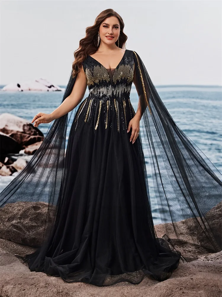 

XUIBOL Luxury Floor-standing sleeves Sequins Evening Dresses Women V-neck Formal Wedding Party Cocktail Gowns Vestidos