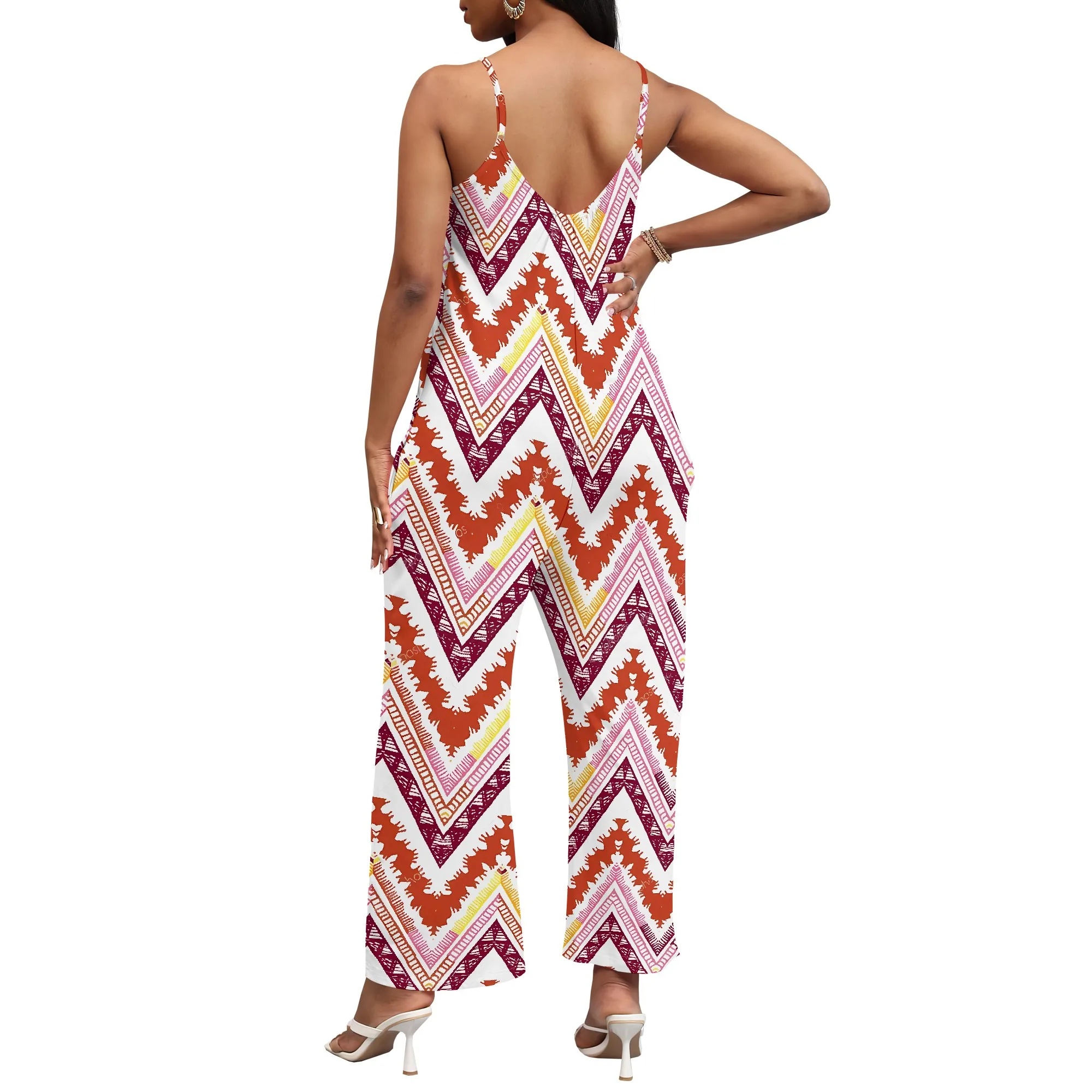 EQQZD Waveform Pattern Print Jumpsuit with Pockets, Sleeveless V-Neck Spaghetti Camisole Top Wide Leg Pants Jumpsuit