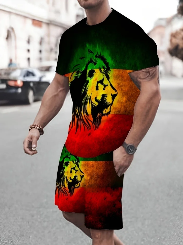 3D Lion Print Summer Everyday Casual Men's Short Sleeve Shorts Set Urban Street Men's Fashion T-shirt Outdoor Sports Men's Short