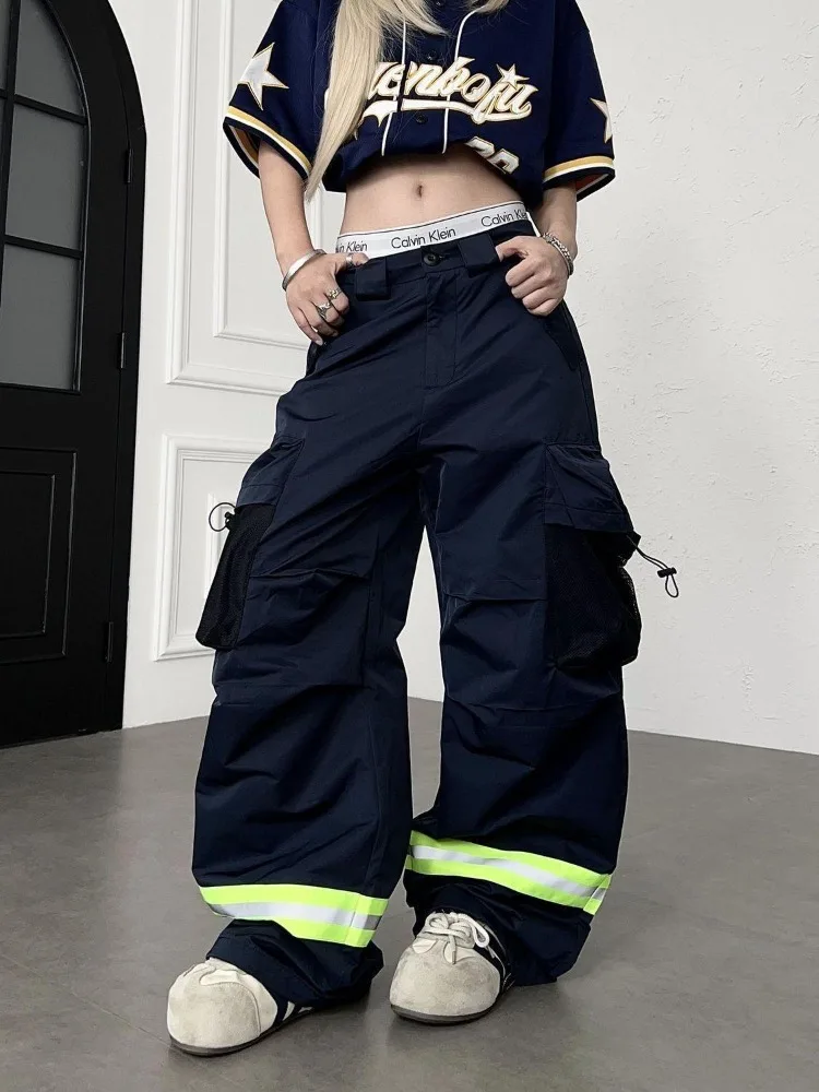 Women's Multi Pocket Reflective Strip Design Pants Unisex High Waisted Trousers Casual Summer Bottoms Female Wide Leg Sweatpants