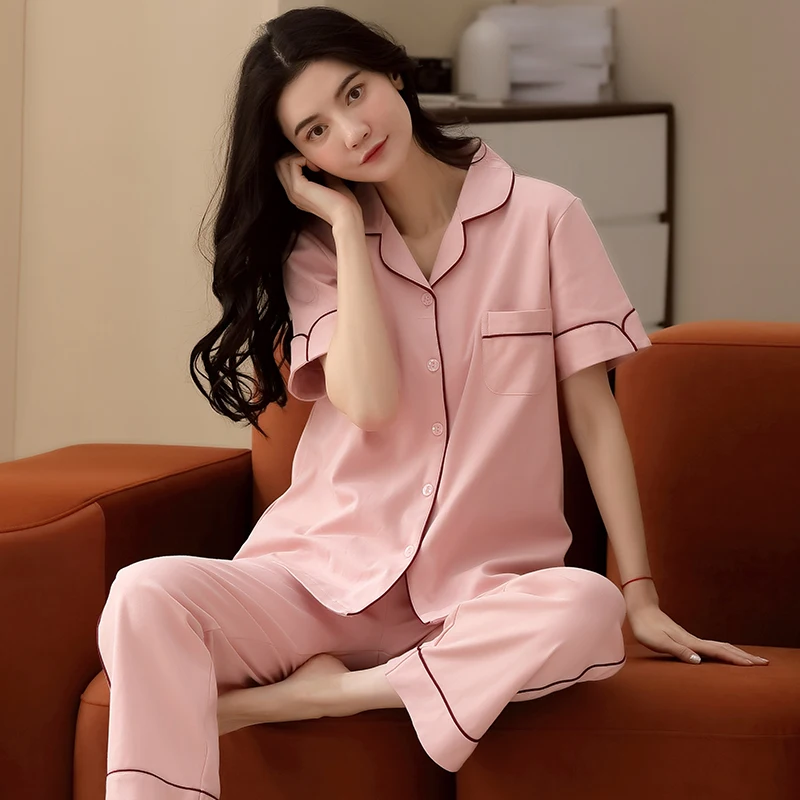 Summer casual full pure cotton women pajama sets cute pink short sleeve tops + long pants 2 pieces sleepwear women pyjama femme