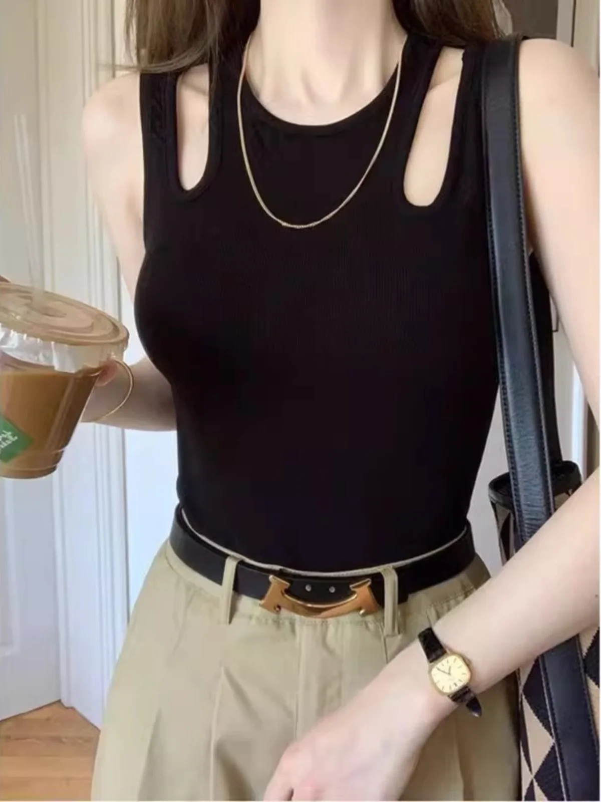 Extra Large Size Hollow out Neck Strap Vest Women Summer Slimming Inner Wear T-Shirt Trendy Commute Style Loose Fit Polyester...