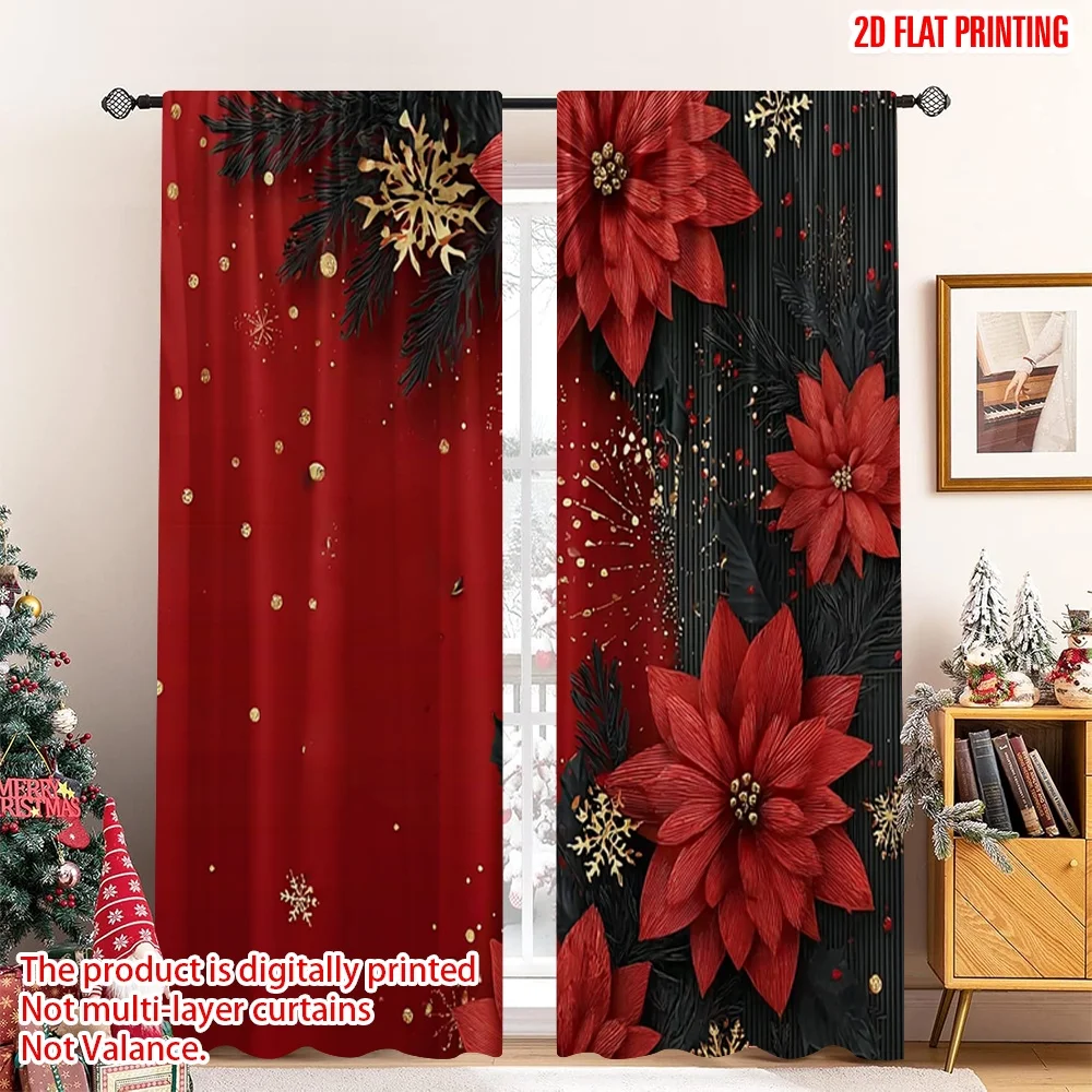

2pcs 2D flat printing Christmas Curtains Happy New Year Red Digital Printed Polyester Drapes Holiday Decorations for Home Wall