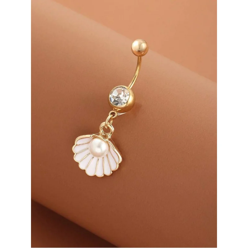 1pc Women's Rhinestone Seashell Heart Butterfly Navel Ring, Sexy Sweet Body Jewelry