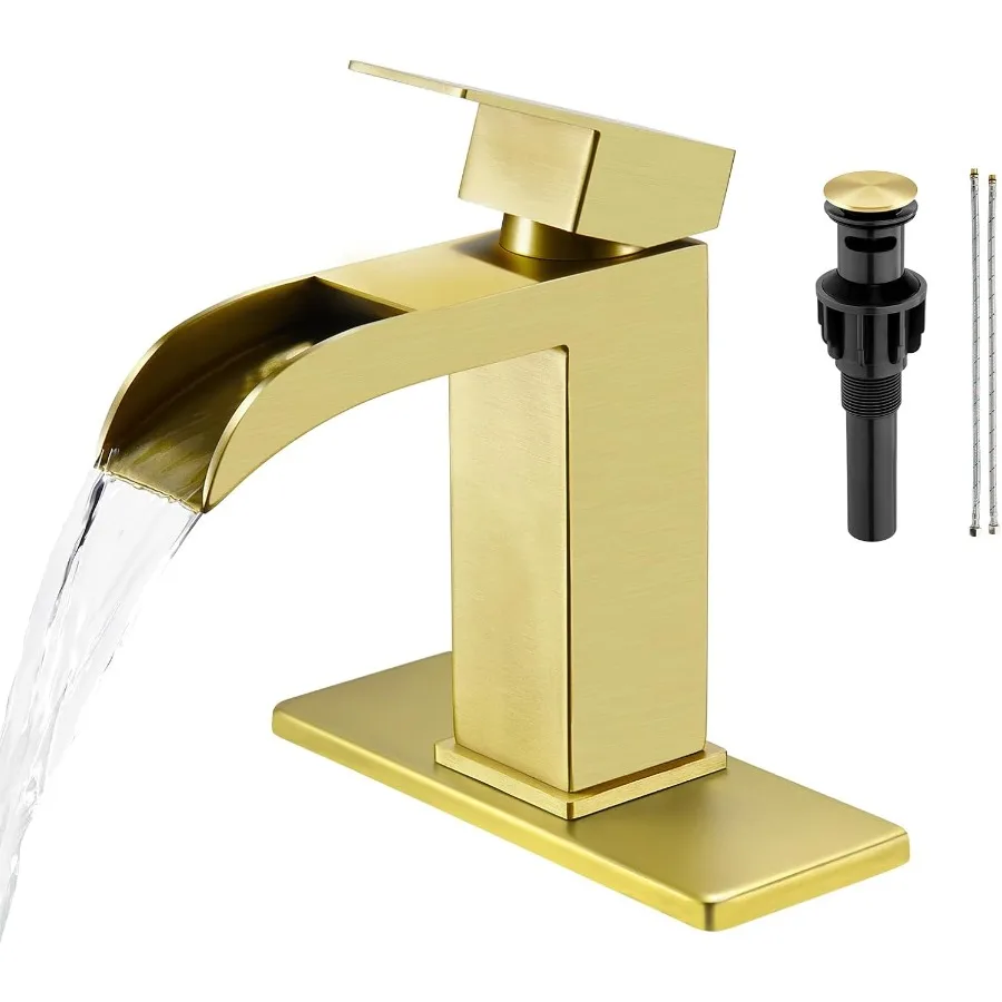 Faustina Brushed Gold Waterfall Bathroom Faucet 1 Hole Single HandleWide Open Spout Waterfall Bathroom Faucet with Pop Up Drain