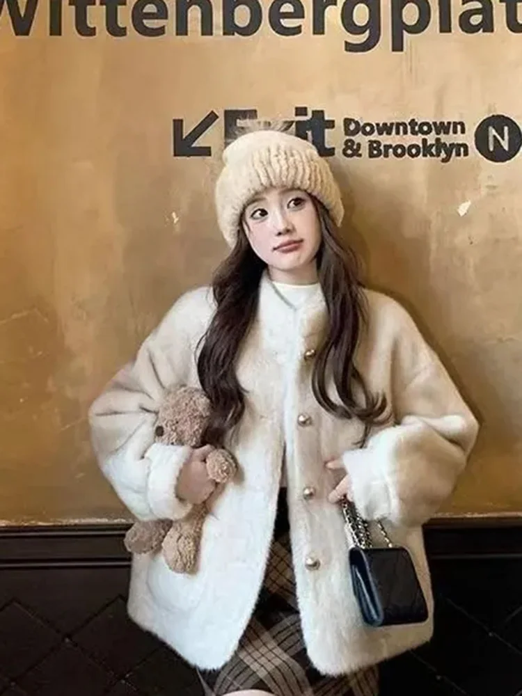 Leuke Faux Vos Jas Vrouwen Winter Zoete Lange Mouw Stand Kraag Jas Mode Zakken Koreaanse Single Breasted Elegante Uitloper Top