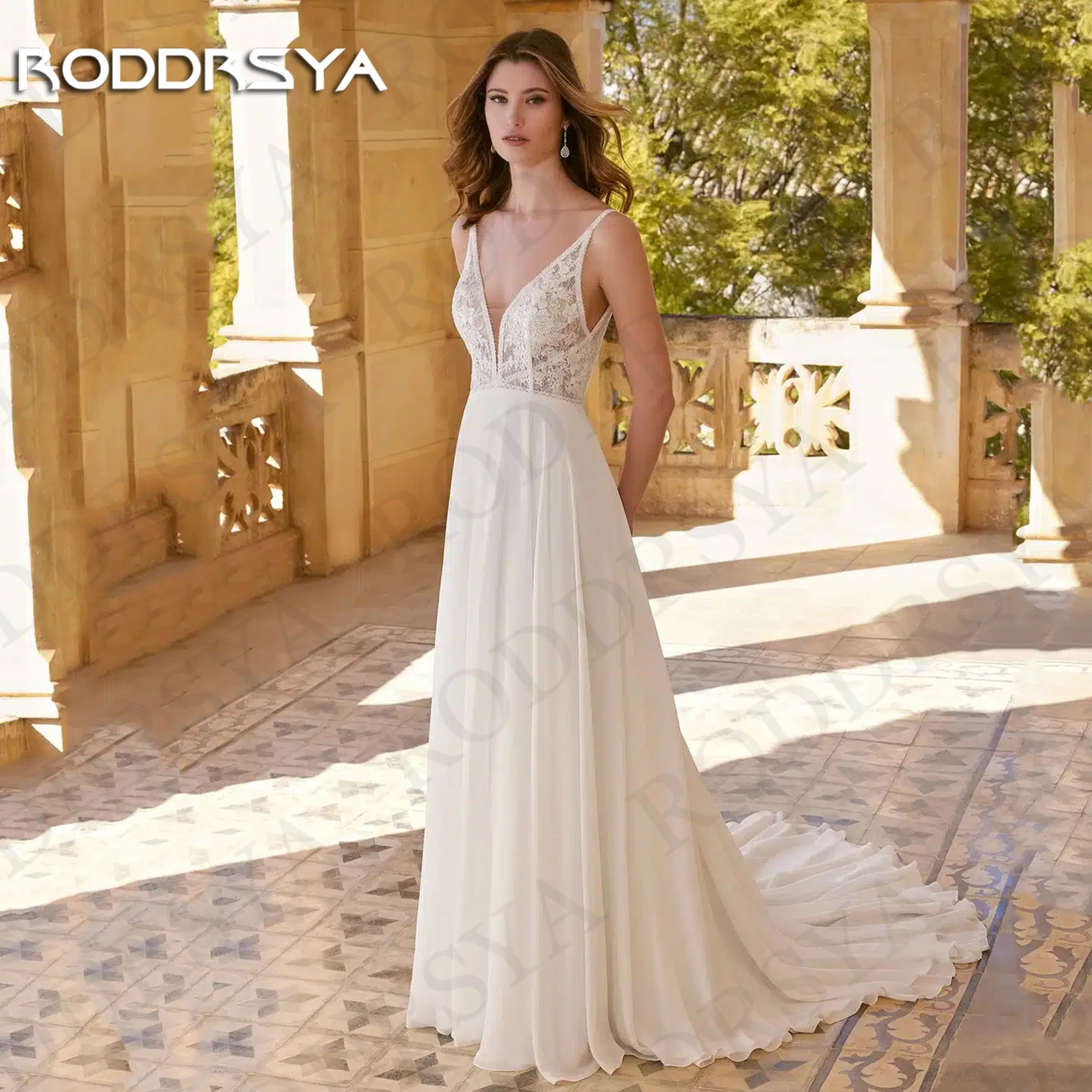 

RODDRSYA Charming Chiffon Wedding Dress 2024 Bride A Line Lace Appliques V Neck Bridal Dresses vestidos de novia Backless Woman