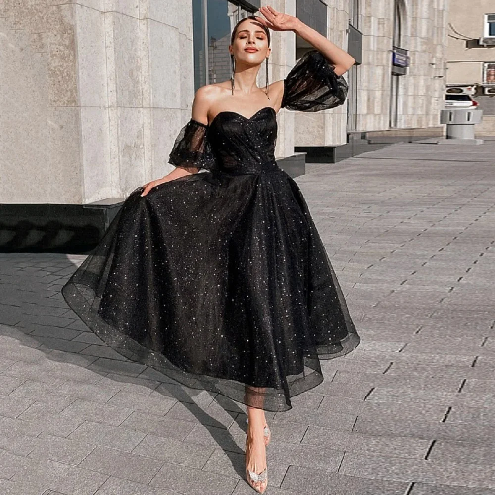 

Customized A Line Midi Women Prom Dresses Shining Black Tulle Sweetheart Corset Back Lace Formal Evening Party Dress Photo Shoot