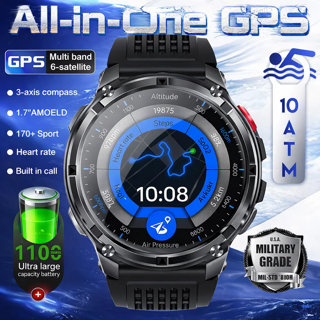 

2026 1100mAh Super Capacity Battery Adult Men Smart Watch 1.7-inch Large Screen Bluetooth Call 10ATM Waterproof SmartWatch Sport