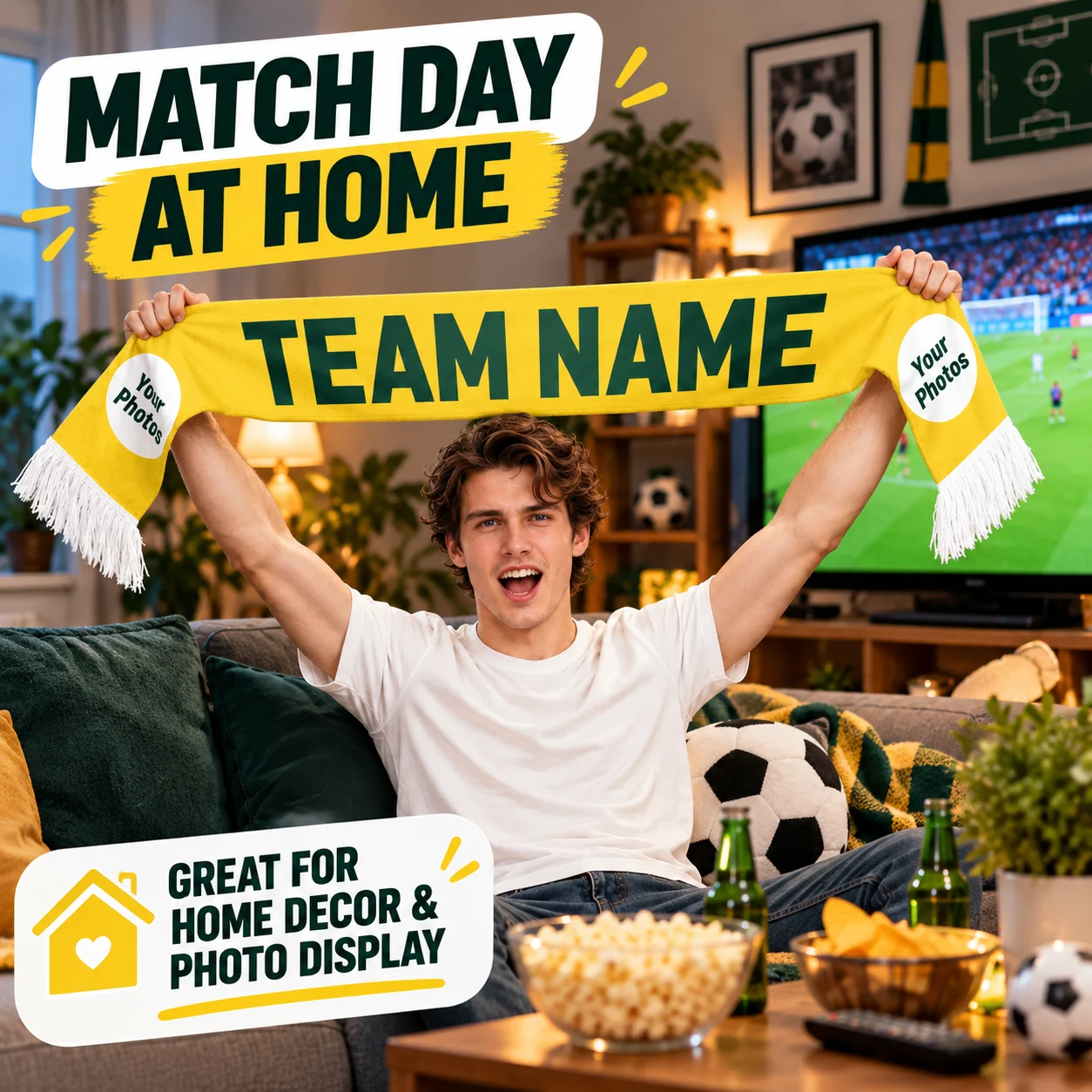 Custom Yellow Fan Scarf Personalized Team Name Photo Soccer Supporter Scarf Double Sided Sports Gift Match Day Football Fans Dec