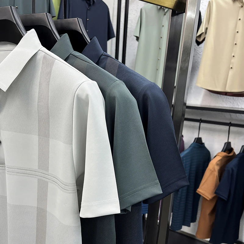 2026 Summer Men's Ice Silk T-shirt Checker Jacquard Business Casual Short Sleeve Comfortable Business Casual Tops for Man