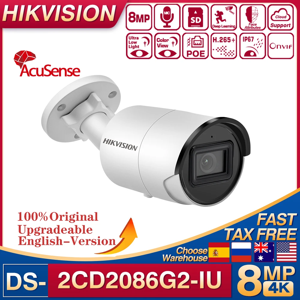 Original Hikvision 4K POE 8MP AcuSense DS-2CD2086G2-IU & DS-2CD2086G2-IU/SL DarkFighter Mini Bullet Network POE Camera