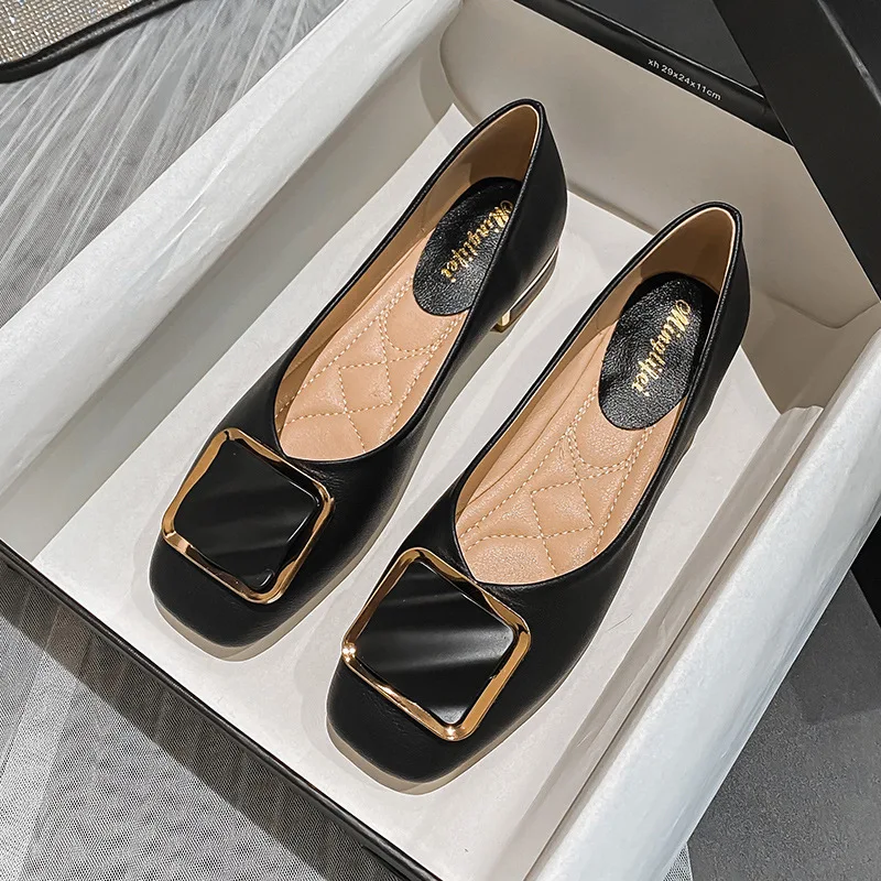 Plus Size 35-43 Women Low Heel Shoes Square Toe Big Buckle Flats Office Lady Slip-on Leather Loafers Spring Pumps Shoes