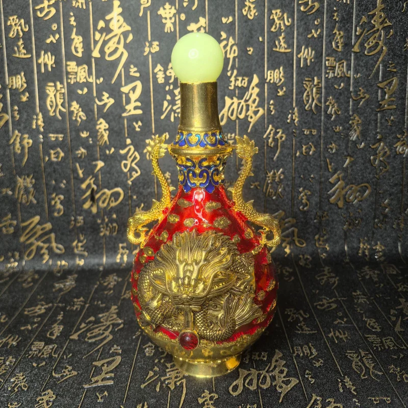 

Antique Craft Painted Gilded Luminous Stone Double Dragon Vase Relief Fine Ornament Craft Miscellaneous Vase